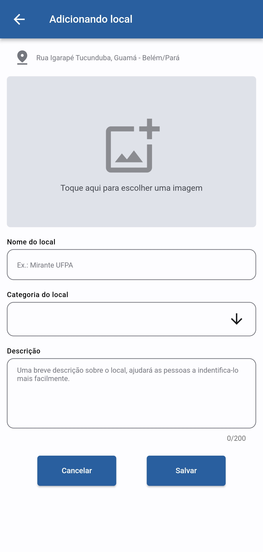 A imagem demostra a tela Adicionando local do aplicativo D-MOVEL, onde permite cadastrar novos locais acessíveis. 